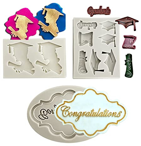 FantasyBear 3 Graduation Candy Mold,Grad Cap Diploma Mould Doctoral Cap Congrats Grad Congratulations Candy Jelly Chocolate Mould for Grad Party Cake Cupcake Topper Decoration