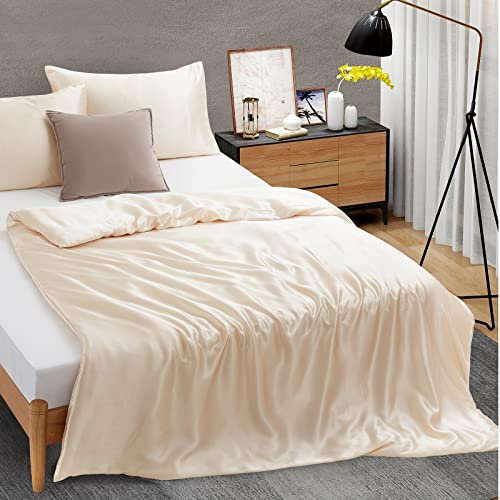 Ersmak 48 x 72 Duvet Cover for Weighted Blanket, Silky & Removable Satin Duvet Cover with Zipper & 8 Ties Secure Fastening, Beige