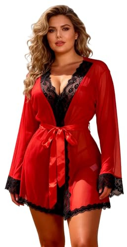 ohyeahlady Chic nattlinne långärmad babydoll spets dam stor storlek badrock kort kimono morgonrock morgonrock pyjamas sommar lätta nattkläder, Färg: röd, XL/XXL