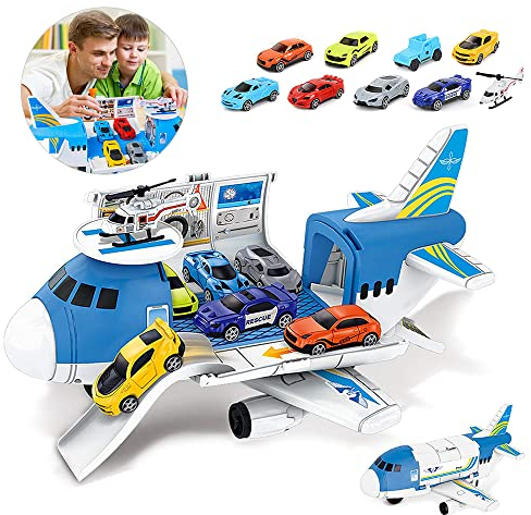 Fiotha Avion Jouet, Jeu pour VéHicule AéRien, Voiture Jouet, Ensemble de Jeu de Jouet de Voiture de Transport Avion 9 Voitures, 1 Grand Avion, 1 Avion, Jouet Enfant Garçons Filles