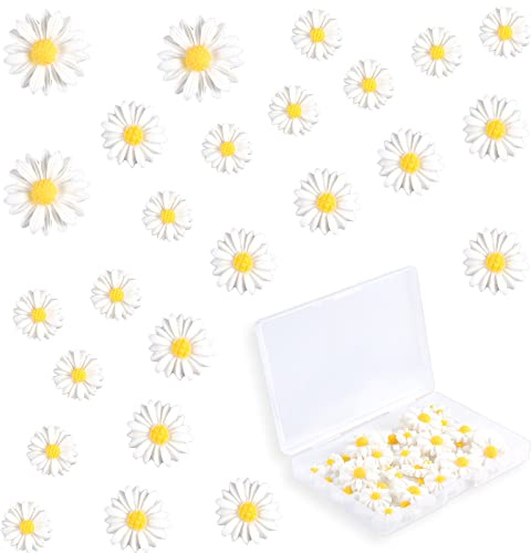 Blumen Verschönerung 60 Stück flache Gänseblümchen aus Kunstharz, gänseblümchen deko filzblumen deko blumen zum basteln für DIY basteln stoff federmäppchen home decor, blumen (3 größen, weiß)