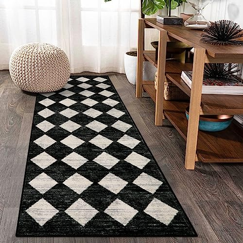 Lahome Zelie Moroccan Trellis Runner Rug - 2x6 Washable Black Bathroom Runner Rug Laundry Room Carpet Runners, Modern Soft Non Slip Indoor Floor Accent Mat for Bedside Kitchen Hall Bar Entryway RV