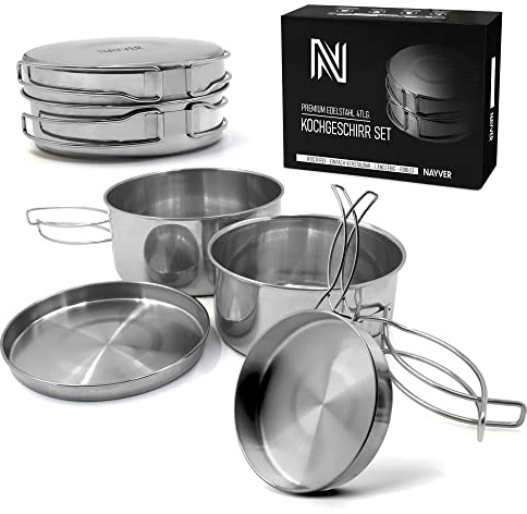 Nayver 4-teiliges Kochset aus Edelstahl mit Töpfe und Pfannen | Stapelbar, Faltbar, Outdoor Kochgeschirr, 2 Töpfe, Teller