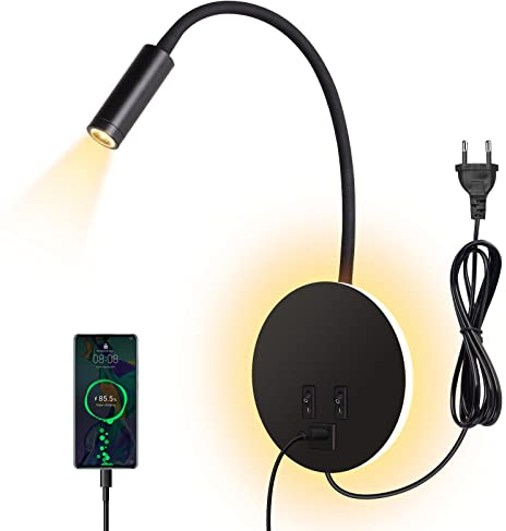 ERWEY LED Applique murale, liseuse de chevet avec interrupteur, Lampe de Lecture Murale 3000k (3W+8W) port de charge USB, col de cygne pivotant à 360° avec prise dans la Chambre, noir