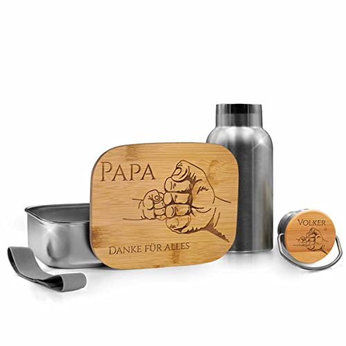 CHRISCK design Brotdosenset mit Trinkflasche für Papa als Geschenk zum Geburtstag- personalisiertes Geburtstagsgeschenk für den besten Vater - Brotdose Edelstahl Holz Set mit Gravur