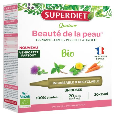 SUPERDIET - QUATUOR BEAUTÉ DE LA PEAU BIO - Bardane, Ortie, Pissenlit, Carotte -Phytothérapie - FORMAT NOMADE - 20 unidoses de 15 ml