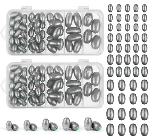 Poen 140 Pcs Egg Sinkers Fishing Sinkers Kit Removable Oval Shape for Drop Bass Worm Bullet Tackle Casting Saltwater Freshwater Fishing (1/10oz,3/16 oz,3/8 oz,1/2 oz,3/4 oz)