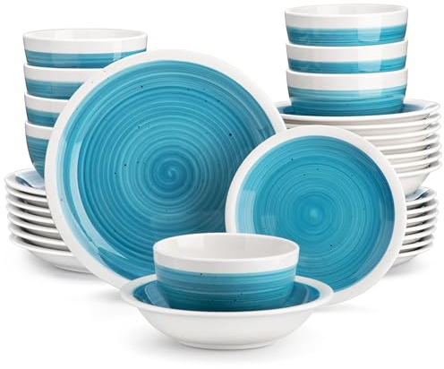 vancasso Ori Service de table 32 pièces en grès peint à la main pour 8 personnes avec assiettes, assiettes à dessert, bols à pâtes, bols à céréales, style rustique chic Bleu