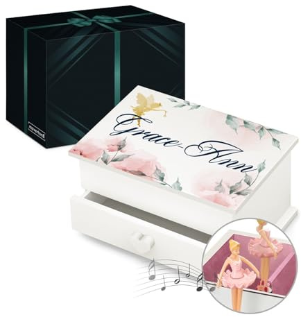 Maverton personalisierte Musik Schmuckdose mit Aufzieh-Spieluhr - Schmuckkästchen Ballerina - Musikspieldose für Mädchen zur Geburt - zum Geburtstag - Weihnachtsgeschenke - mit Schublade - Fee