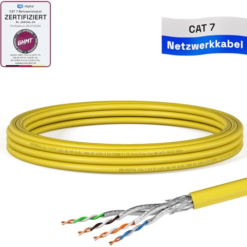 HB-DIGITAL 5m CAT 7 Netzwerkkabel LAN Kabel Verlegekabel Ethernet Installationskabel 10 Gbit/s AWG23 S/FTP - GHMT Zertifiziert - reines Kupfer LSZH BauPVO Klasse Cca Datenkabel Simplex - Gelb