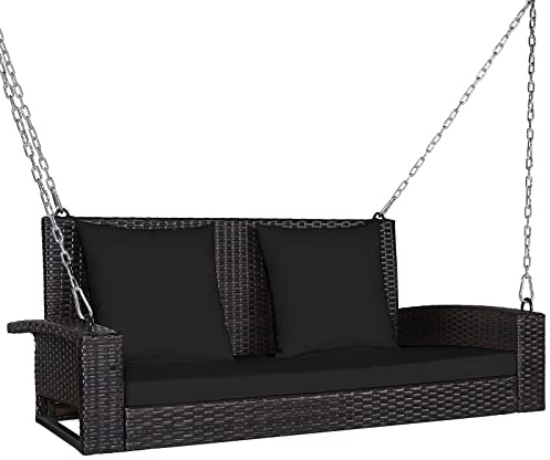 COSTWAY 2 Seater Porch Swing Chair, Rattan Patio Swing Bench Loveseat with 2 Pillows, Seat Cushions & Hanging Chains, Outdoor Garden Hanging Swing Seat Hammock for Balcony Yard Lawn (Black+Brown)