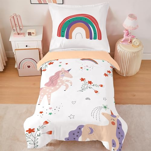 CINYE Einhorn Bettwäsche 135x200 cm FüR Kinder Mädchen Bettbezug 1 Kissenbezug 80×80 cm 3D Gedruckt Regenbogen Blumen Muster Microfaser