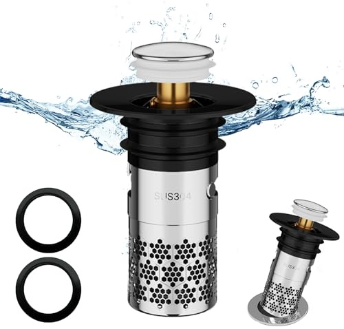 1 stycken Pop-Up Sink Plug, universal popup proppar tvättställ, rostfritt stål Tvättställsproppar, Dräneringsplugg, handfatsproppar, Nätpåse med filterkorg, för Badrumshandfat, badkar(34–40 mm)-Svart.