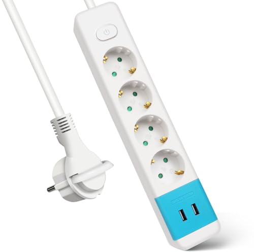 EXTRASTAR 4 Fach Flachstecker Steckdosenleiste, 2 USB & Druckknopfschalter