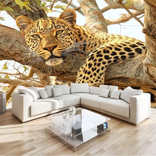 Fototapete 3D Tiere Leopard Akazie 200x140 cm Vlies Tapeten Wandtapete Moderne Wanddeko Design Wand Dekoration Wohnzimmer Schlafzimmer