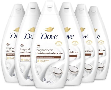 Dove Bagnodoccia Nutrimento Delicato, Idratante Dermo-Naturale, Olio di Cocco, 1/4 Crema Idratante, Dermatologicamente Testato, Bagnoschiuma Uomo e Donna, 100% Bottiglia Riciclata* 6 Pezzi x 450 ml