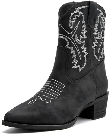 DADAWEN Femme Western Bottines de Cowboy Talon Bloc Bottes de Cowgirl Mi-Mollet Occidentales Classiques Vintage Broderie -Noir 39
