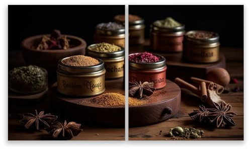 SMTDeco Herdabdeckplatte 2×45×52 cm – ESG gehärtetes Glas, kratzfest & rutschfest – Spritzschutz & Schneidebrett – für Induktion/Ceranfeld – 2-teilig, Motiv Gewürze Kräuter Braun
