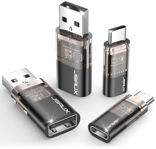 JSAUX bloqueur de données USB et USB C, Charge Uniquement, Lot de 4, Noir | Bloqueur de données pour charge publique, protection anti juice jacking, prêt à voyager