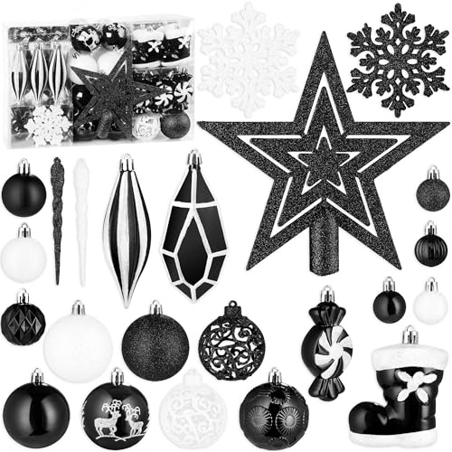 BRUBAKER 128 Stück Premium Christbaumschmuck - XXL Weihnachtskugel Set | mit Glitzer Kugeln, Eiszapfen, Diamant Anhänger, Bonbon, Nikolaus Stiefel und Baumspitze Stern - Baumschmuck - Schwarz