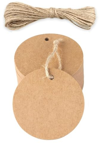 TECHZOCO Etiquetas de Papel Kraft, Etiquetas de Regalo, Etiquetas con Cuerda de Yute para Manualidades, 5.5 cm Diámetro, 100 Unidades