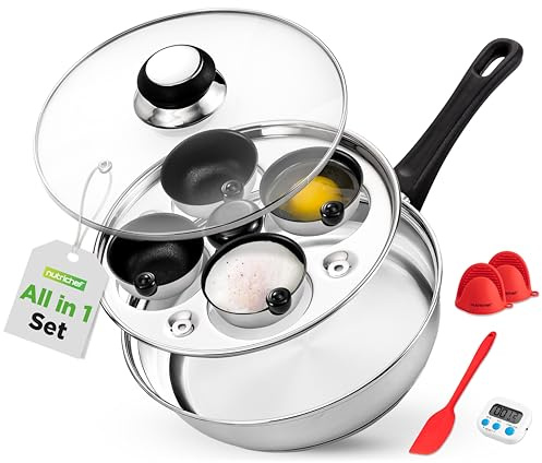 NutriChef Egg Poacher Pan Set - 7.87” Stainless Steel Egg Cooker med 4 Nonstick Poaching Cups, Glaslock, Timer, Ugnsvante, och Spatula för Perfekta Pocherade Ägg, Induktionskompatibel (Silver)
