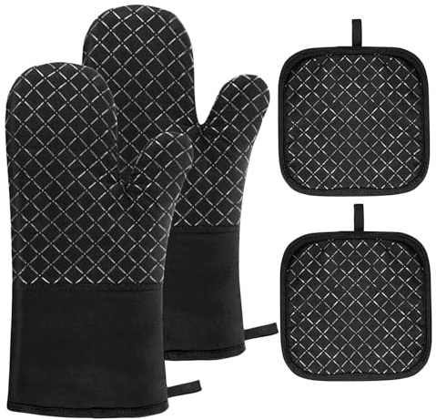 Oven Gloves, 1 Pair Oven Mitts, Oven Gloves Heat Resistant, Non-Slip Cotton Oven Glove with Insulation Pad for Grilling Baking Barbecue Microwave, Black