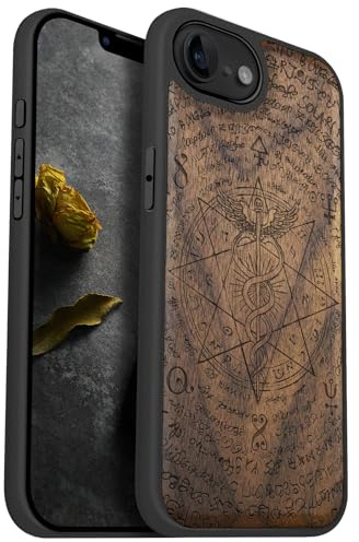 Carveit Coque pour iPhone 16e / 17e Étui Bois, (Noyer-Le caducée)