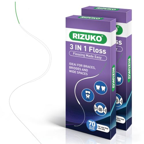 3-in-1 Orthodontischer Floss 140 Stück, Vorgeschnitten, PFAS-frei | Versteifte Einfädelspitze, Schwammbürste & Ultra-Fein, 140 Stränge in 2 Boxen, ultra-sanft zum Zahnfleisch, PFAS-frei