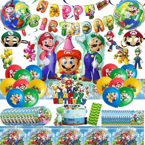Kinder Geburtstag Party Set, 87 Stück Geburtstagszubehör für Jungen und Mädchen, Enthält banner, Kuchendekoration, Tischdecke, Pappteller, Ballon, Papier Servietten, Hängende Strudel, Augenmasken