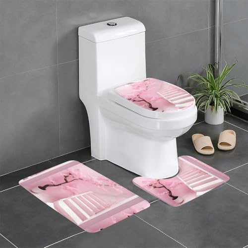Pegqcvam Lot de 3 tapis de salle de bain motif fleurs de cerisier blanc entièrement imprimé, doux et antidérapant, convient pour salle de bain, toilettes et sols.