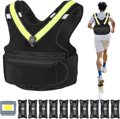 BOOSTEADY Gilet Zavorrato da Uomo, Running Vest con Cintura a LED Riflettente e Faro da Esterno, Giubbotto Zavorrato per Allenamento della Forza e Workout, 20lbs