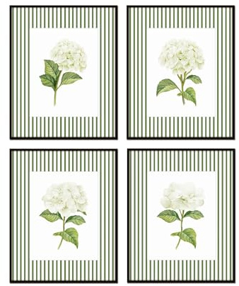 Belle Maison Art White Hydrangea Prints With Green Stripes, Vintage Botanical Wall Art, Bedroom Kitchen Living Room Office, 5X7 SET OF 4, Smooth Matte Paper Prints, Unframed