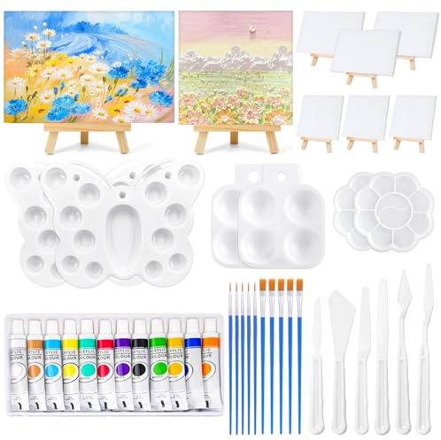 50 Pièces Mini Chevalet et Toile, Kit de Peinture | Mini Chevalets avec 8 Toile Peinture,12 couleurs de peinture acrylique,10 Pinceaux,6 Palette,6 Spatule pour Peinture,Dessin
