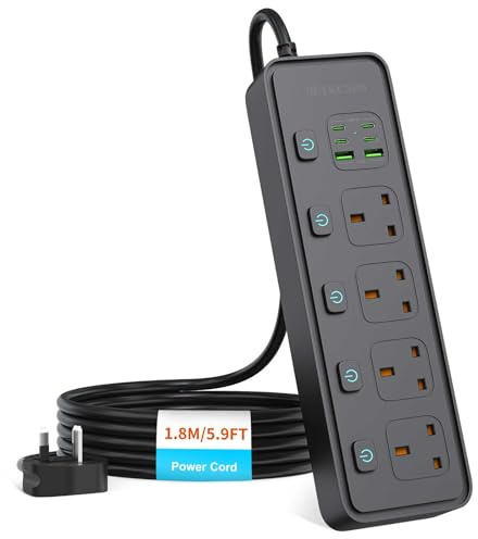4 Way Gang Extension Lead with USB Slots, UK Plug 3 Pin Socket Outlet, 10-in-1 Surge Protector Plug Extension Socket with Individual Switches, Power Strip Extender with 1.8M Cable for Home, Black
