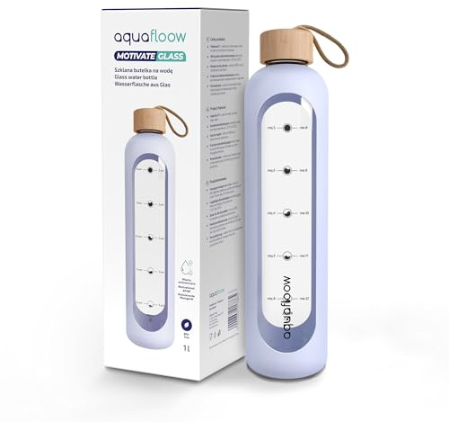Aquafloow 1l Trinkflasche Glas mit Zeitmarkierung BPA frei, Flasche mit Bambus deckel, Wasserflasche mit Silikonhülle, auslaufsicher – ideal für Arbeit, Sport & Reisen- Violett
