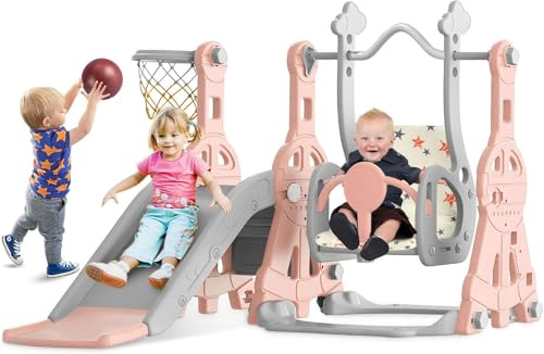 BIERUM Toddler Slide and Swing Set - Baby Slide for Toddlers Age 1-2, with Basketball Hoop, Indoor Outdoor Playset Pink Gray