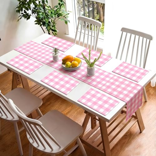 Lumina Garden 7 Pcs Pink/Red Gingham Linen Table Runner Gingham Placemats Set Washable Plaid Checkered Table Mats for Dining Birthday Wedding Baby Shower Party Decorations(Pink and White)