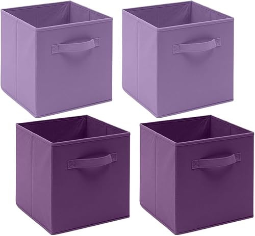 NICEME Cube Storage Boxes Set of 4, Foldable Storage Boxes with Handle for Home Office Nursery, 4pcs Collapsible Bins Organiser for Shelf Closet Organization, Light Purple+Dark Purple