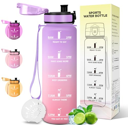 Motswedi Gourde Sport 1L, Anti-Fuite, Bouteille d'eau avec Marqueur de Temps, Motivation Bouteille Plastique, Gourde 1 Litre, pour Fitness, Sport, Yoga, Randonnée, Violet clair & Rose clair