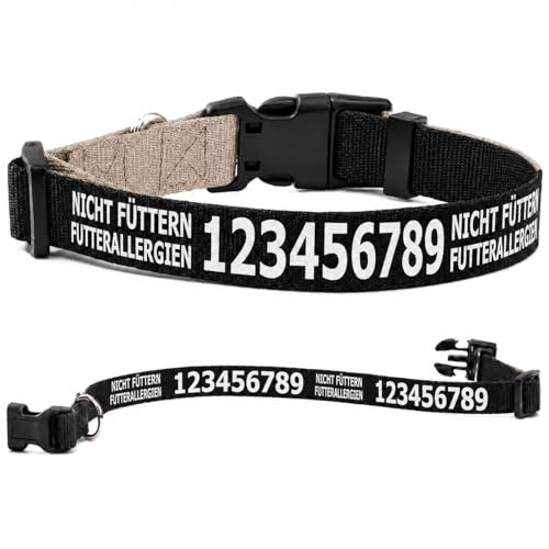 Hundehalsband personalisiert mit Wunschtext und Druckfarbe nach Wahl, für Warnhinweis, Telefonnummer, Adresse und Kontaktinfo (Schwarz, M: 37–58 cm Halsumfang)
