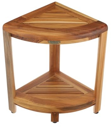 DecoTeak Teak Corner Shower Shelf – 2 Tier Waterproof Bathroom Storage Organizer Compact Wood Storage | Water-Resistant Design | Space Saver for Showers & Small Bathrooms | Shaving Foot Rest