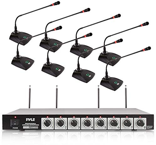 Pyle 8 Channel Wireless Microphone System - Portable VHF Cordless Audio Mic Set with 1/4 and XLR Output, Dual Antenna, - Includes 8 Table Top Mics, Rack Mountable Receiver Base - Pyle PDWM8300,Black