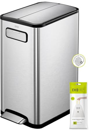 EKO Ecofly - Pattumiera a pedale da 30 litri, con coperchio a chiusura ammortizzata, doppia apertura, perfetta per cucina e casa, in acciaio inox