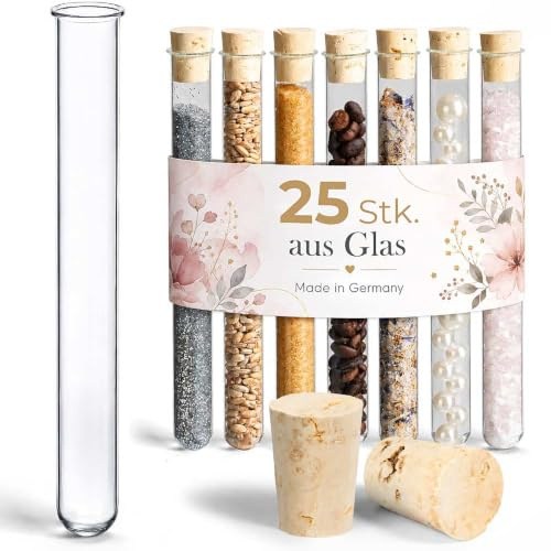 Tuuters 25 Stück Glas Reagenzgläser mit Korken und Bördelrand 100 x Ø 16mm | Reagenzglas mit Rand für Blumen, Floristik, als Vaseneinsatz, Tischdeko, Gastgeschenk oder Behälter für Saatgut, Badesalz
