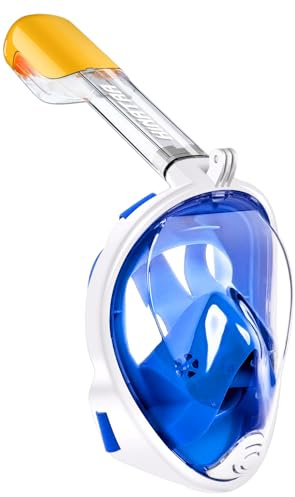HINATAA Maschera da Snorkeling Integrale a 180°, Design per respirazione Libera, Anti-Appannamento e Anti-perdite, con Cinghie Regolabili per la Testa, per Adulti, Ragazzi e Bambini (L/XL, Blu)