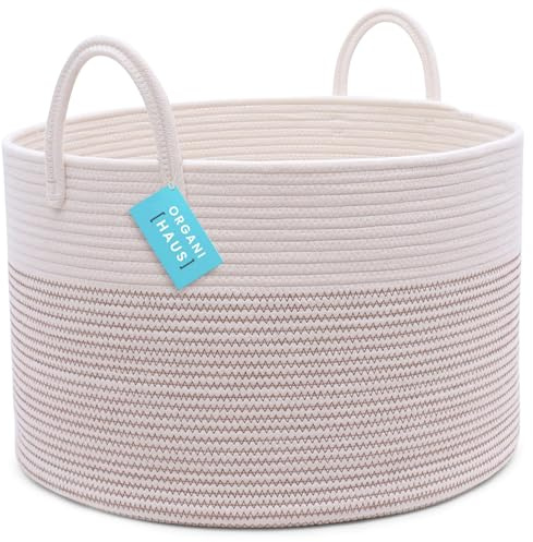 OrganiHaus Korb Geflochten, Wäschekorb Geflochten, Korb Aufbewahrung Groß, Aufbewahrungskorb Kinderzimmer, Aufbewahrungskorb für Decken Kissen Spielzeug, Faltbar mit Griff - 50x33cm, Braun Ziernaht