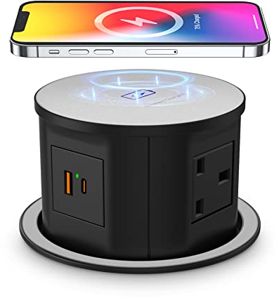 Automatic Pop up Power Socket with 15W Wireless Charger,Pop up Plug Extension Socket Safe with PD 20W Type C Port,4 Way Outlets Tower Extension Lead,4.7'' Hole Pop Up Outlet for Kitchen Worktops
