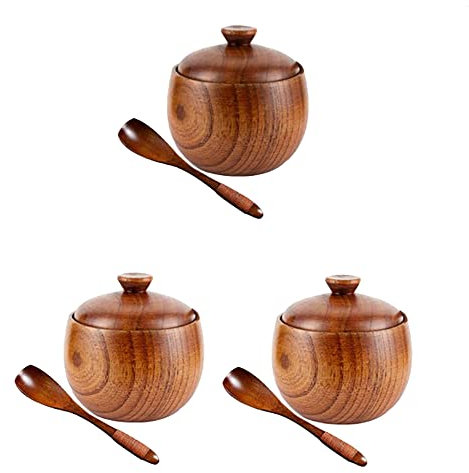 Lodokdre Salière en bois - Sucrier - Poivrier - Avec couvercle et cuillère - Boîte à épices en bois