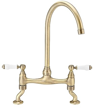 ENKI, Astbury, KT104, Küchenarmatur in Antik Bronze mit weißen | Keramikhebeln, schwenkbarem Schwanenhalsauslauf, Deckmontage, solide Messingkonstruktion, traditionelles Design
